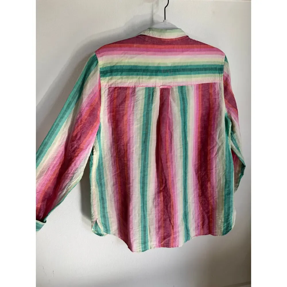 J. Crew Linen Blend Women’s Button Up Long Sleeve Colorful Stripes Size 14‎